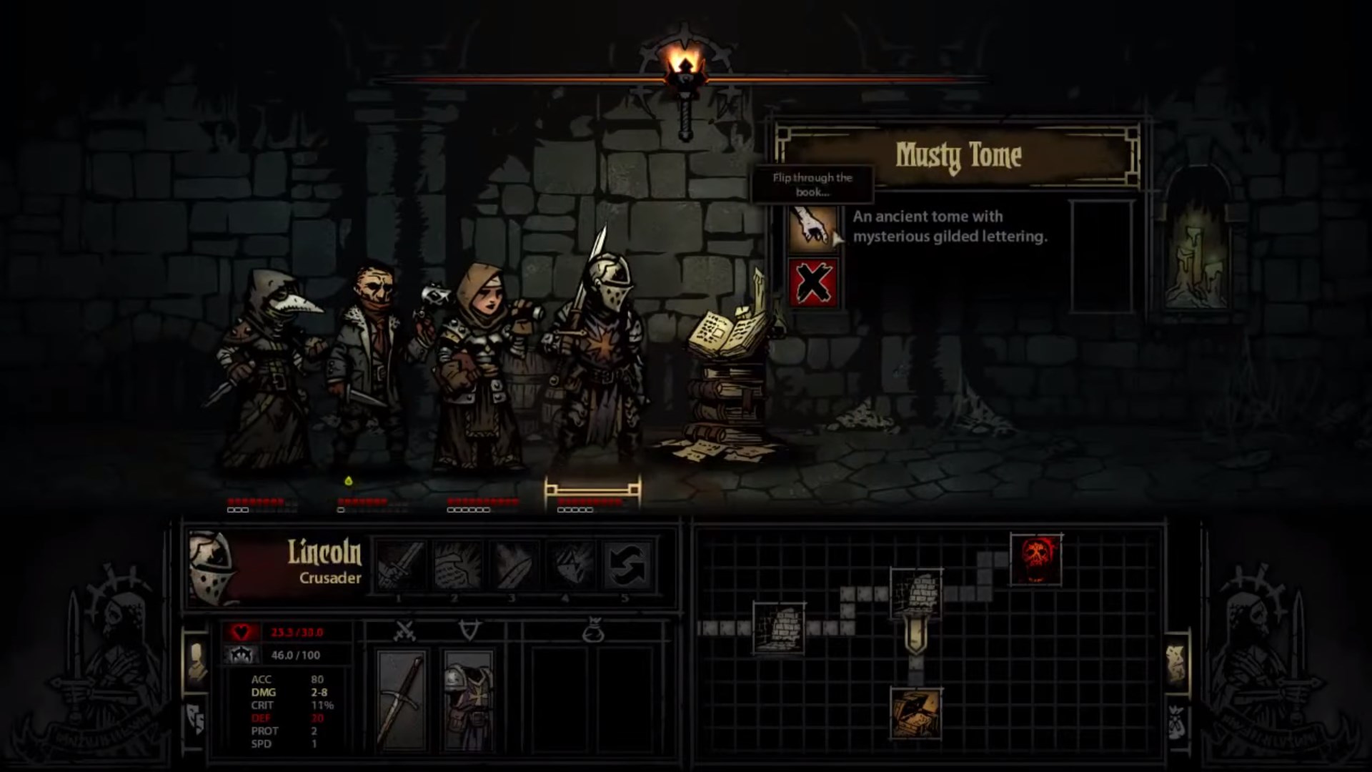 Screenshot from the demo, depicting the Musty Tome curio, which lies unused in the game today.