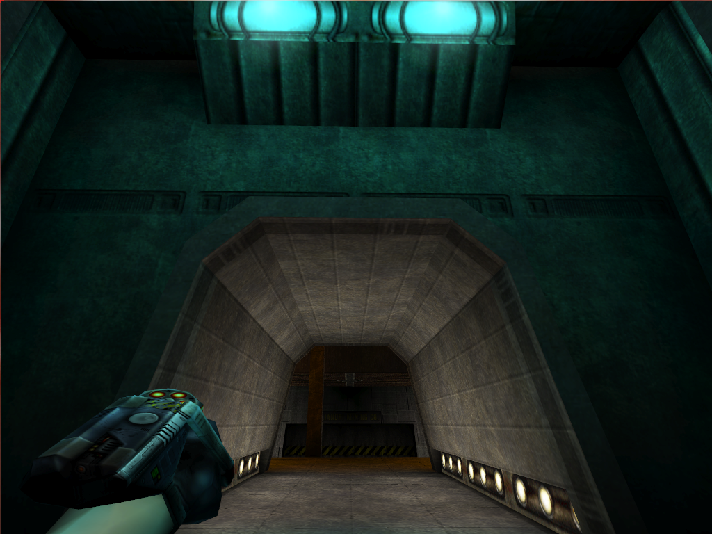 Turquoise lights and an exit. Turquoise lights and an exit.