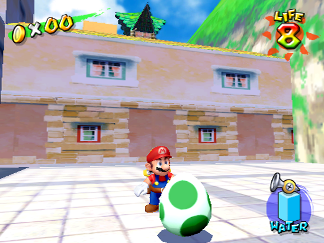Yoshi doesn't ask for fruit to hatch. (Note: Mario has a full tank of water before riding Yoshi)