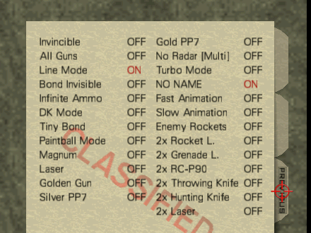 The cheat options menu with Line Mode and the player position cheat added. The cheat options menu with Line Mode and the player position cheat added.