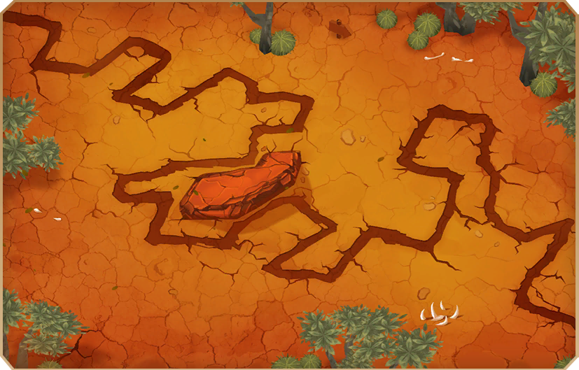 Cracked. The ground of the map and trees are the same as the final, but the props are different. The rock in the center is more cracked and a lot darker, and the bones are smaller than in the final.