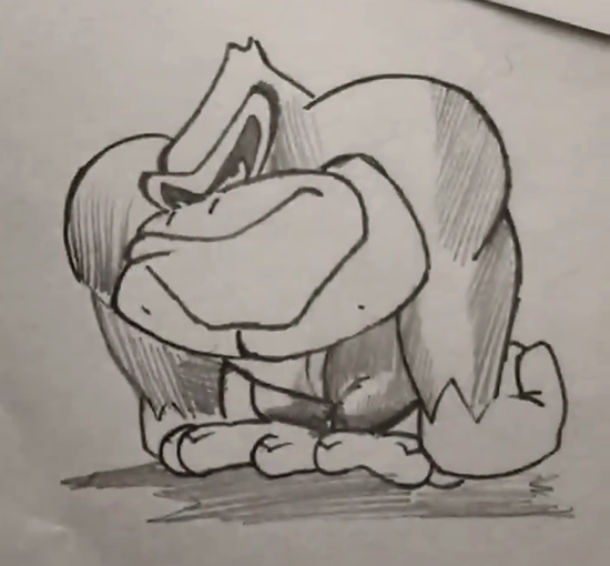 This is another drawing of Donkey Kong which while featuring a similar body to that of Mr. Miyamoto's design it has a drastically different head more resembling that of the characters from Battletoads a game Kevin Bayliss had previously worked on. This is another drawing of Donkey Kong which while featuring a similar body to that of Mr. Miyamoto's design it has a drastically different head more resembling that of the characters from Battletoads a game Kevin Bayliss had previously worked on.