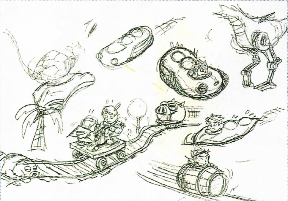 Sketches of Lucas by Itoh riding on several objects, such as a minecart or a barrel. Sketches of Lucas by Itoh riding on several objects, such as a minecart or a barrel.