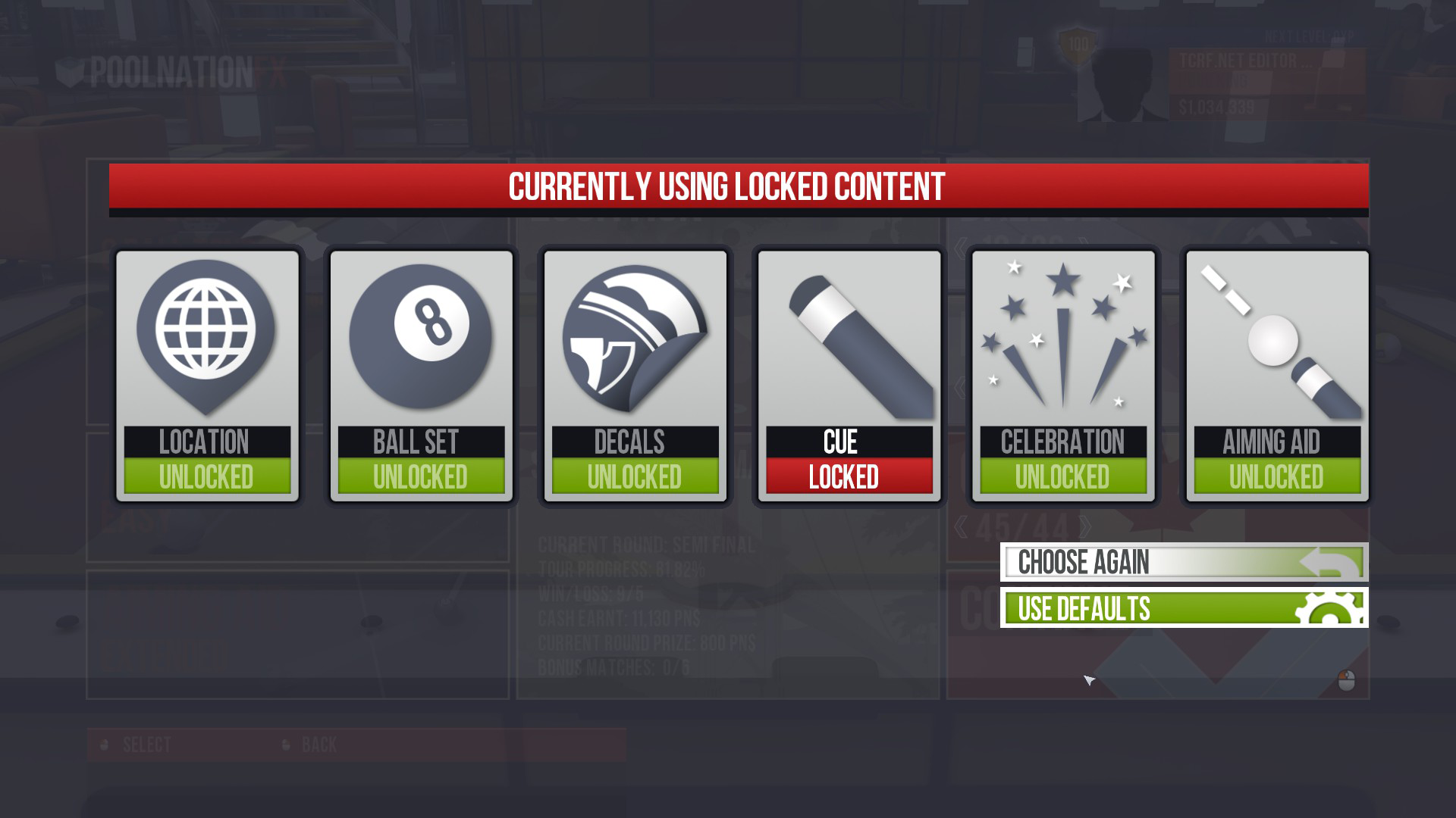 The "locked content" message you receive when trying to use this in Career or Versus mode.