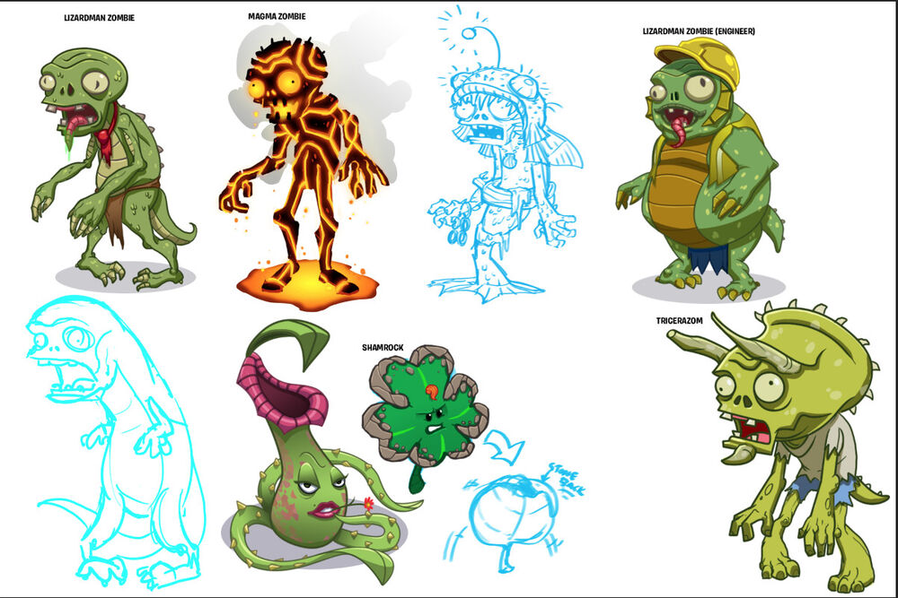 Concept art for several cards. The many lizard/dinosaur zombies here would end up as Gizzard Lizard in the Triassic Invasion update. Oh, and Shamrock from PVZ Adventures is here as well.