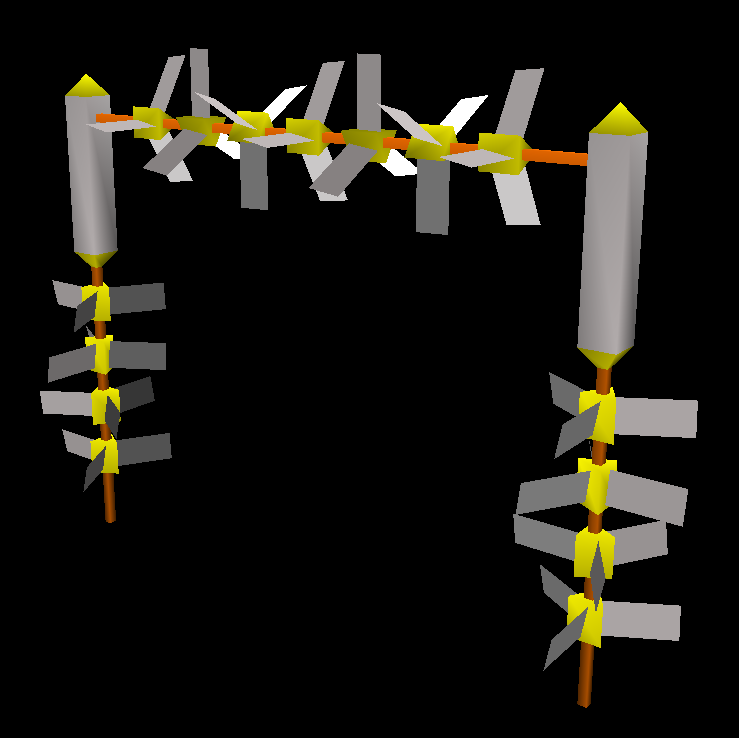 A gate object with numerous fans attached. This object made it into the final game, but with far less fans on it. Yellow arrows on its top corner pieces point to inside the gate. The pointy top parts of the gate use a blue texture. Has collision.