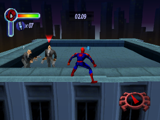 The question mark. The henchman on the left detects Spider-Man. The question mark. The henchman on the left detects Spider-Man.