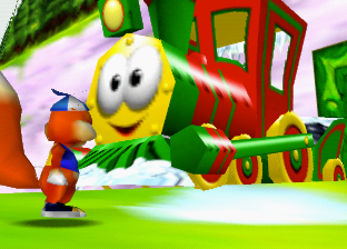 Conker keeps track of a manic train in Toy Town.