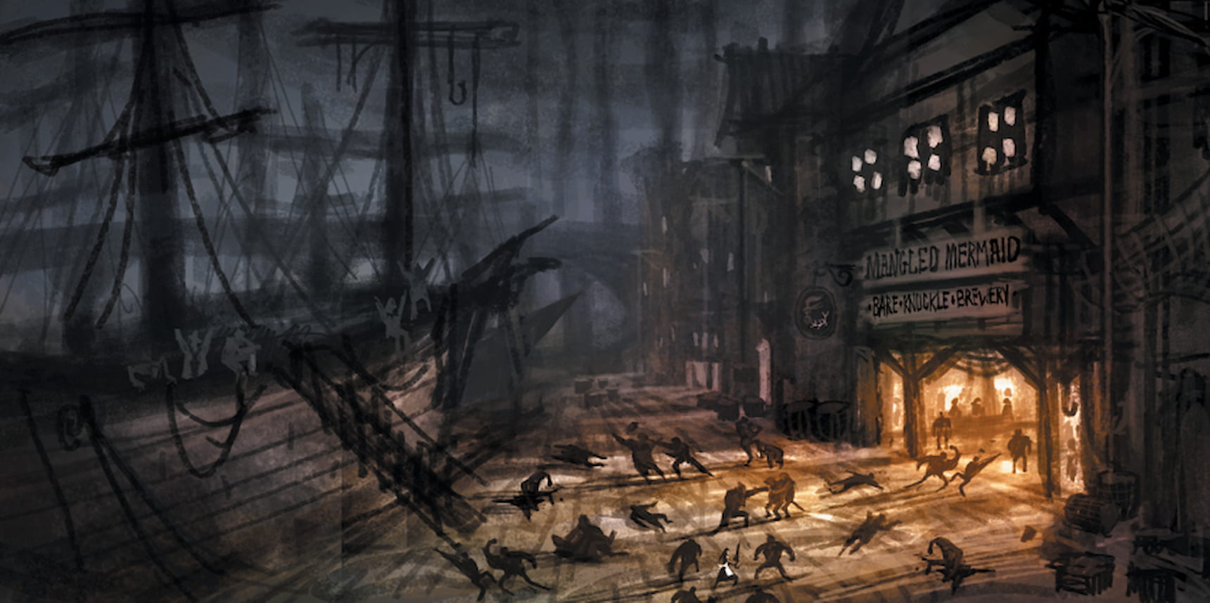 A brawl outside the Mangled Mermaid. A brawl outside the Mangled Mermaid.