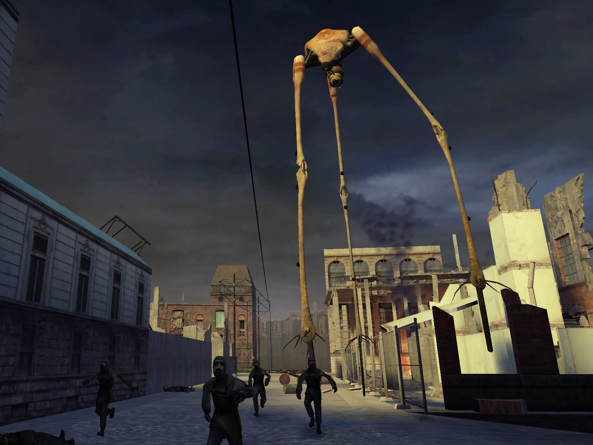 Pre-release screenshot showing the gasmask citizens running from a Strider in E3_Strider, a map found in the WC Mappack.