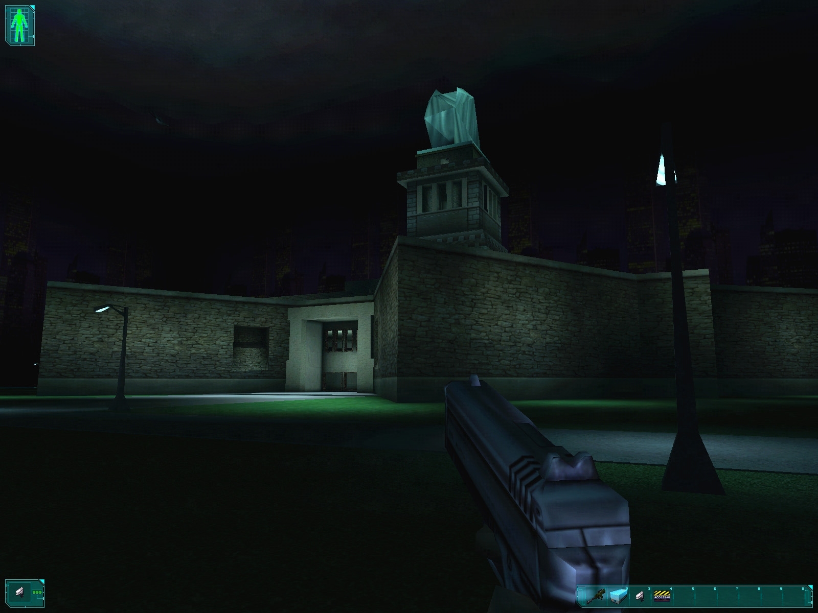 Very old image of Liberty Island with crude statue model. A keycard can be seen in the inventory and the World Trade Centers repeated in the background.