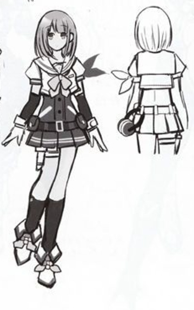 This design depicts her with medium-length hair, a sailor uniform shrug, long black gloves with short white gloves, a belt over her dress, black socks, and different shoes. This design depicts her with medium-length hair, a sailor uniform shrug, long black gloves with short white gloves, a belt over her dress, black socks, and different shoes.