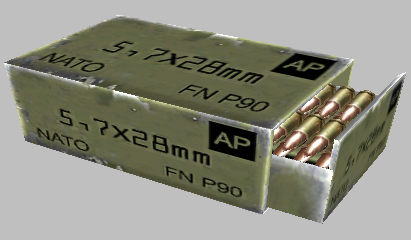 Box of 5.7x28mm AP ammo. Box of 5.7x28mm AP ammo.