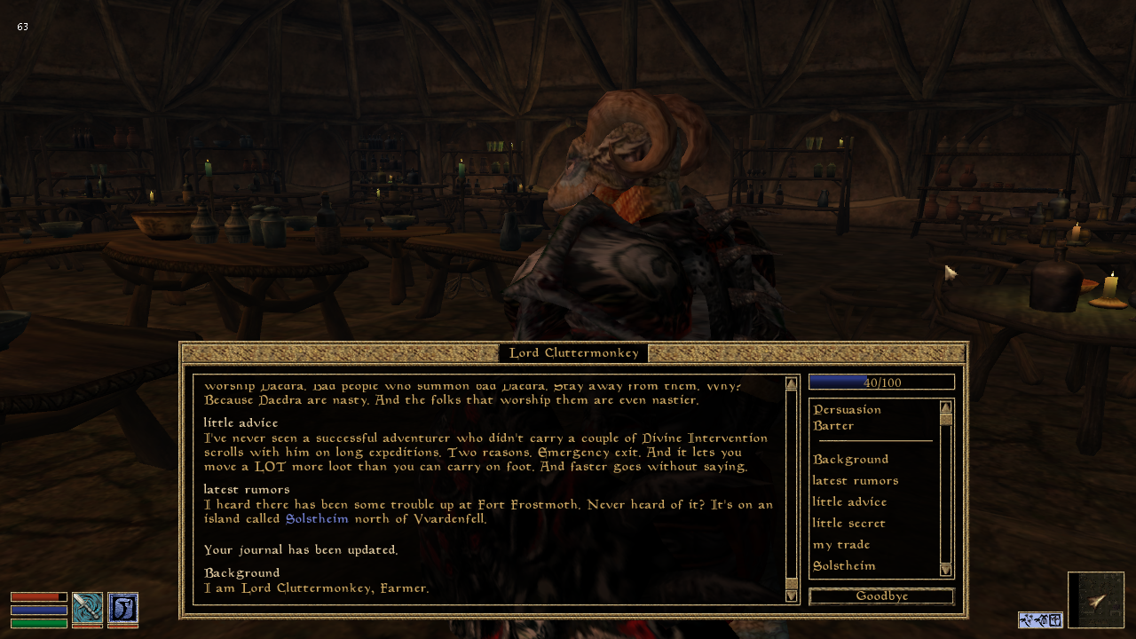 Lord Clutter Monkey and his dialog. As you can see, he is also a merchant, though he only deals in lockpicks and he has none to sell nor money to buy them with. He has pieces of Daedric Armor he cannot wear (the boots and Daedric Face of God) in his inventory as well. Lord Clutter Monkey and his dialog. As you can see, he is also a merchant, though he only deals in lockpicks and he has none to sell nor money to buy them with. He has pieces of Daedric Armor he cannot wear (the boots and Daedric Face of God) in his inventory as well.