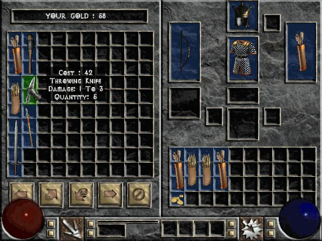 A (very old) vendor screen, dated March 1999. Almost everything in this screenshot is different, except for the skill icons. Also, notable is gold coins as an inventory item.