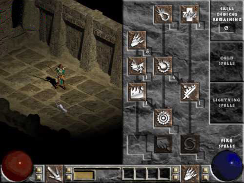Old interface. Fire Tree for the Sorceress in an old/alpha build. Hydra has a different icon and there is a skill called Firestorm whose icon is present here. There's a skill icon not in a frame. Mastery skill seems missing.