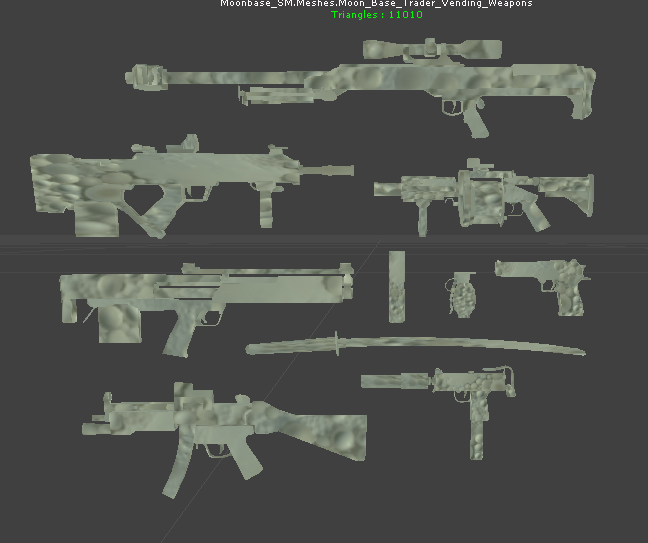 The weapons inside Moonbase's Vend-O-Tool as one model, this model doesn't have enough material slots. The final version just uses each weapon's pickup models instead. The weapons inside Moonbase's Vend-O-Tool as one model, this model doesn't have enough material slots. The final version just uses each weapon's pickup models instead.
