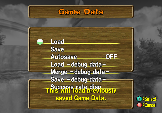 The Game Data screen when debug mode is enabled. References 'debug data', of which the purpose is currently unknown. The Game Data screen when debug mode is enabled. References 'debug data', of which the purpose is currently unknown.