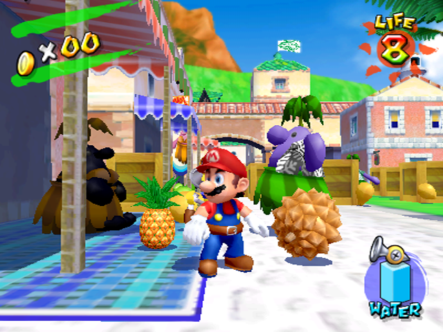 The overhangs are different designs/colors, There's a black Pianta (not present in release) running a pineapple/papaya stand which later became the red pepper stand, and there's wooden boxes everywhere. The blue Pianta close to the camera is wearing a black shirt which appears only as green in the final game. The lighthouse is also missing the 'Super Rock' on top and doesn't have a light.