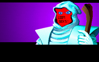 "Loom sucks!" An unused character shot of Atropos with a hidden message. Many of these full-screen character images exist unused in the game. "Loom sucks!" An unused character shot of Atropos with a hidden message. Many of these full-screen character images exist unused in the game.