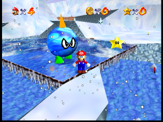 Star 5. Early spawn location for Star 2 from the final game. Like Star 2 from Lethal Lava Land, its message reads "big_motos", implying that it also involved Motos; or perhaps an ice variant? Furthermore, there's a name for an unused snow related object listed in sm64/include/tagdecode.h that reads e_icemotos. Star 5. Early spawn location for Star 2 from the final game. Like Star 2 from Lethal Lava Land, its message reads "big_motos", implying that it also involved Motos; or perhaps an ice variant? Furthermore, there's a name for an unused snow related object listed in sm64/include/tagdecode.h that reads e_icemotos.