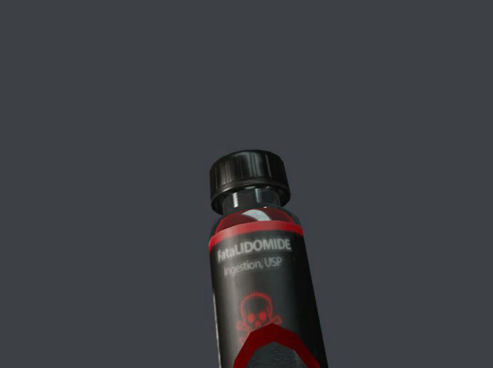 An out-of-frame poison vial eating the camera.