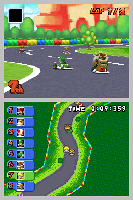 GBA Peach Circuit; note the trees use a different sprite on the map. These got re-used in Peach Gardens' map. GBA Peach Circuit; note the trees use a different sprite on the map. These got re-used in Peach Gardens' map.