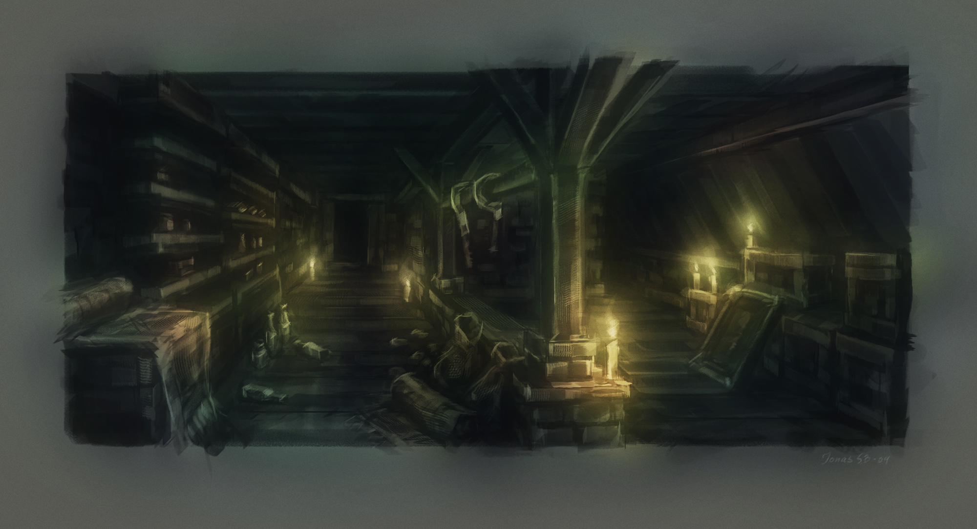 Concept art of the storage hall.