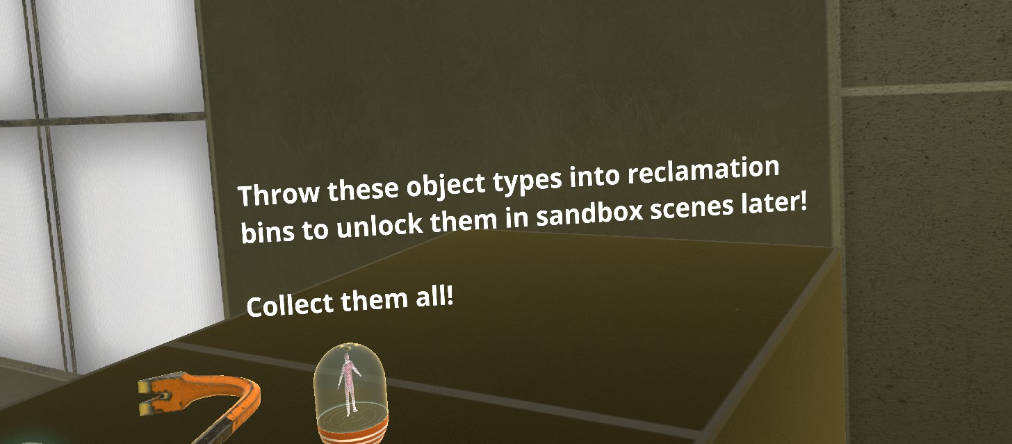 Throw these object types into reclamation bins to unlock them in Sandbox scenes later! Collect them all!