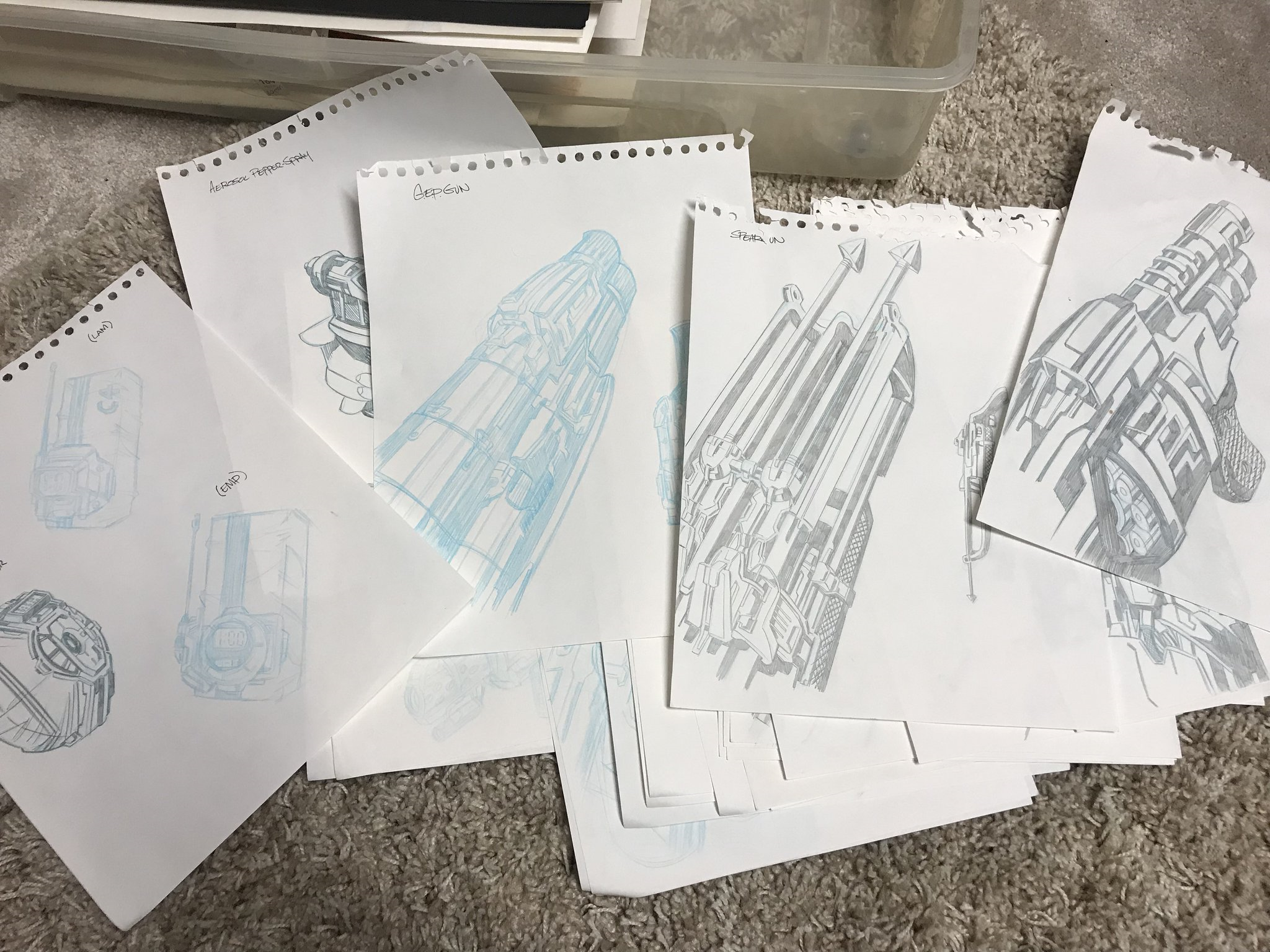 Weapon sketches, including cut spear gun.
