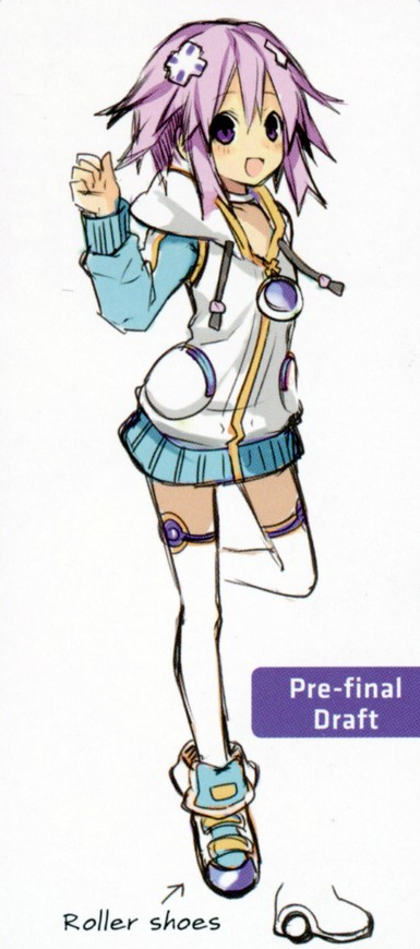 Her parka is different; it has turquoise sleeves with white and yellow accents, her hoodie also has yellow accents, the top design of her socks are lined with a circle, colored purple with yellow accents, and her shoes have a wheel at the ankle part.