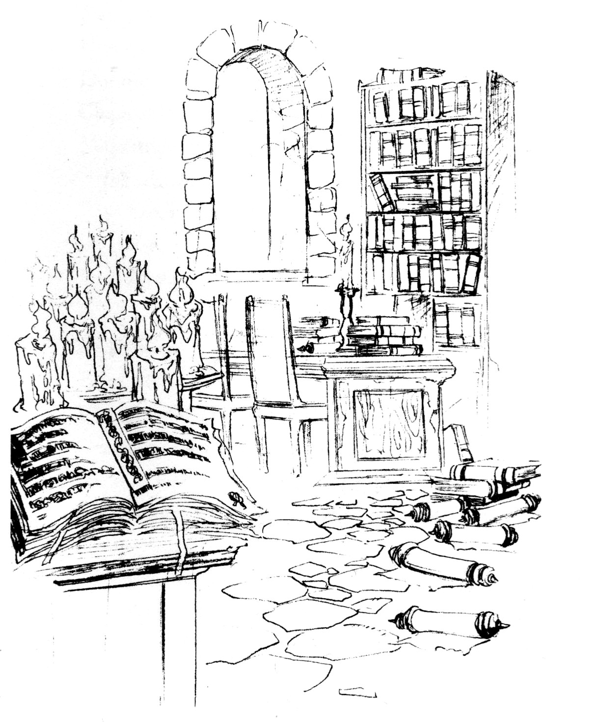The Scrollkeeper's Tower in the Introduction Cutscene. This is a mage's study which also previously appeared in Arena, as well as appearing again after Daggerfall in Redguard. According to Mark Jones, this study was intended to tie together all of the Elder Scrolls titles, as this room is where the eponymous Elder Scrolls are supposedly stored. Of course, this idea would be dropped in favor of the modern appearances of the Scrolls starting in Oblivion.
