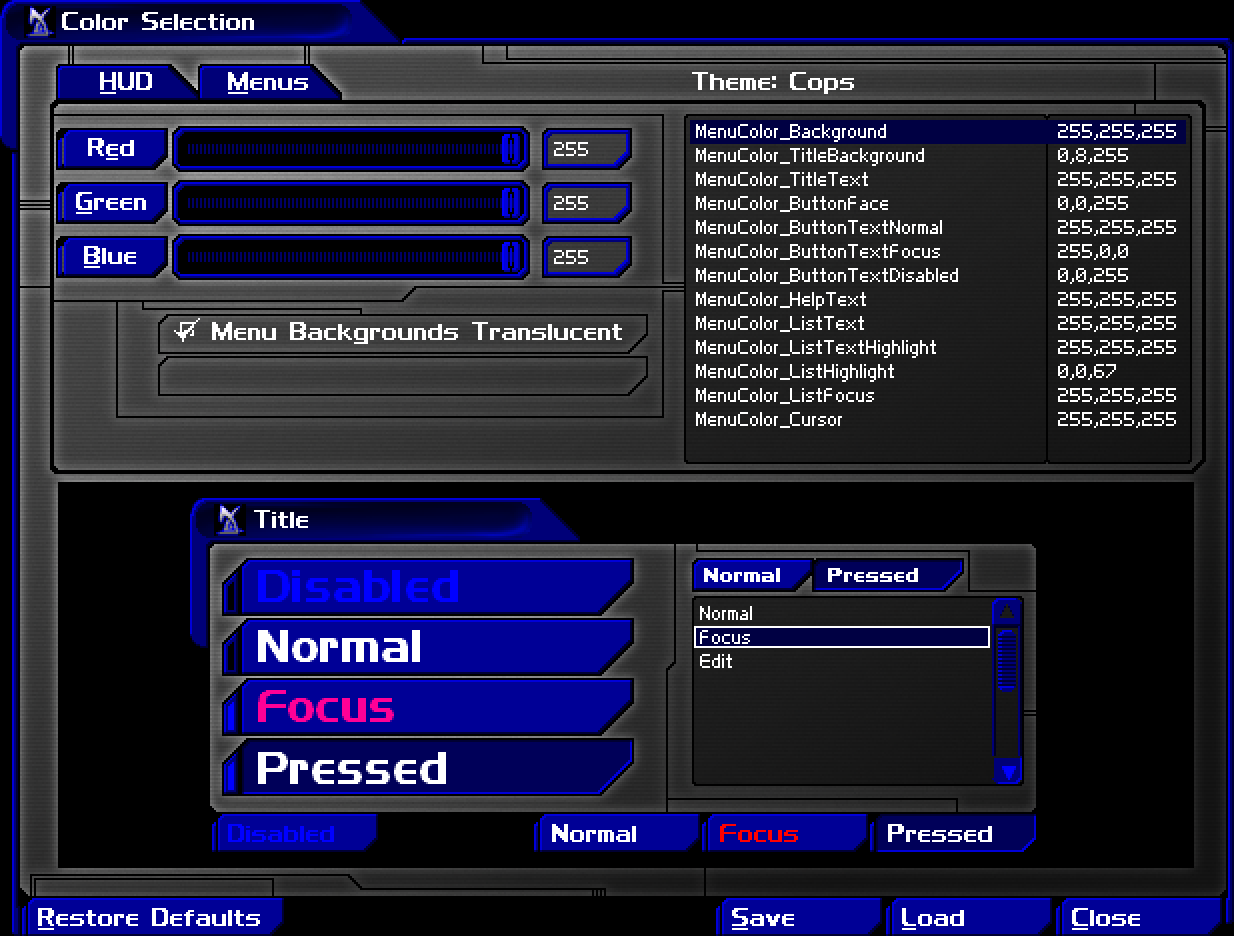 Edit menu for creating custom menu themes.