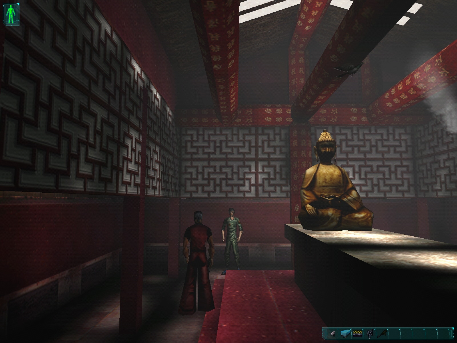 Hong Kong temple, the two triad leaders stand with vastly different models. Cut MP5 weapon seen on the belt.