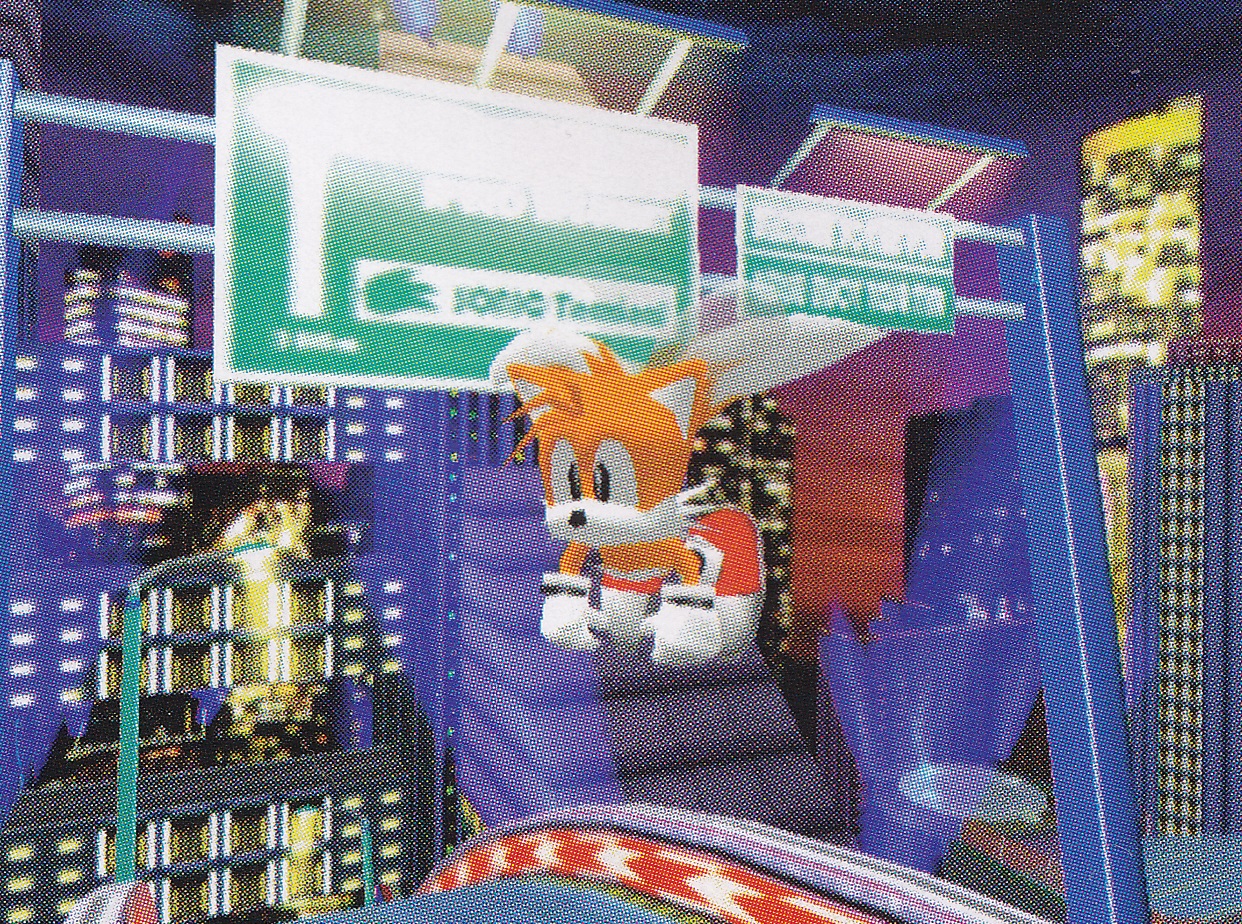 Speed Highway now has two walls like the final and is far brighter; notably, Tails still has black eyes in this screenshot, while the final gave him blue eyes.