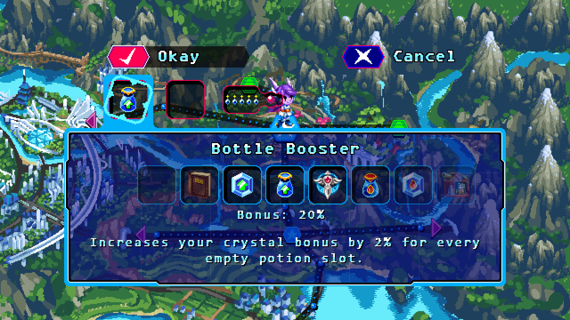 The Bottle Booster equipped in-game, note the Potion slots having crystals in them. The Bottle Booster equipped in-game, note the Potion slots having crystals in them.