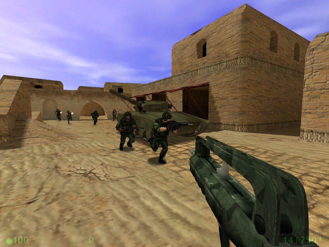 First-person screenshot where the player is holding a Famas. Note the recolored default Half-Life HUD. First-person screenshot where the player is holding a Famas. Note the recolored default Half-Life HUD.