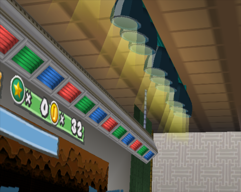 Like the B-List Star Stage, the A-List Star Stage has colored ceiling lights except they now face towards the audience. Unlike the B-List Star Stage, there are even more offscreen ceiling lights next to the colored ones. Unlike the colored lights, these ones actually emit light.