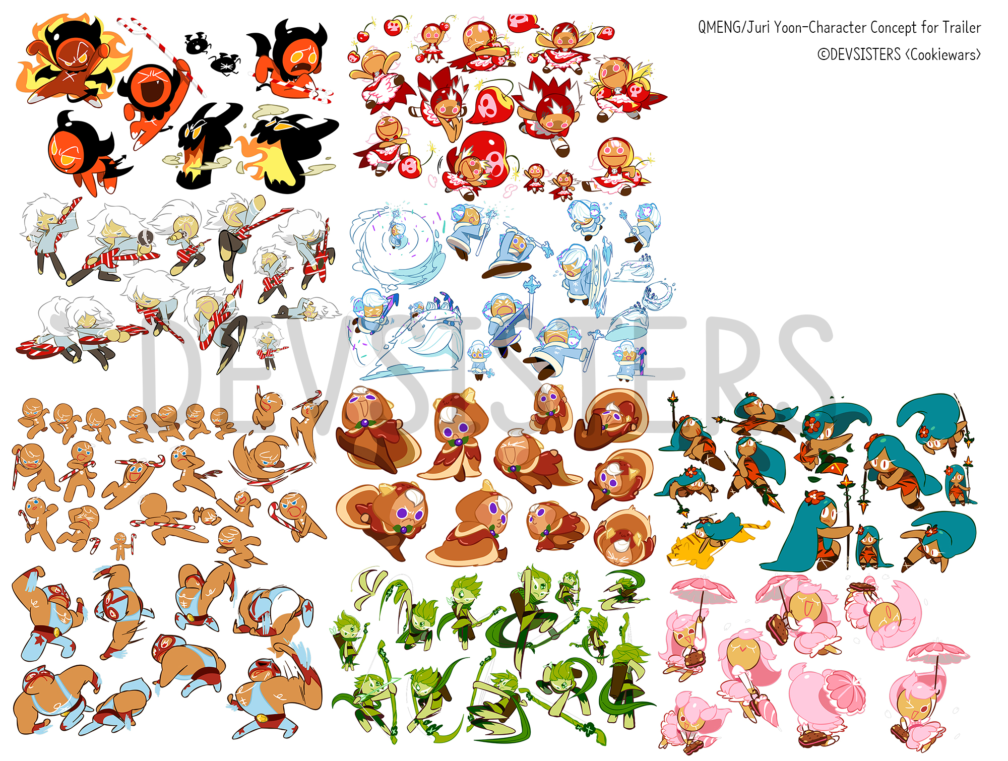 Concept art for Devil, Cherry, Rockstar, Snow Sugar, GingerBrave, Pancake, Tiger Lily, Muscle Cookie's unit, Wind Archer, and Cherry Blossom. Concept art for Devil, Cherry, Rockstar, Snow Sugar, GingerBrave, Pancake, Tiger Lily, Muscle Cookie's unit, Wind Archer, and Cherry Blossom.
