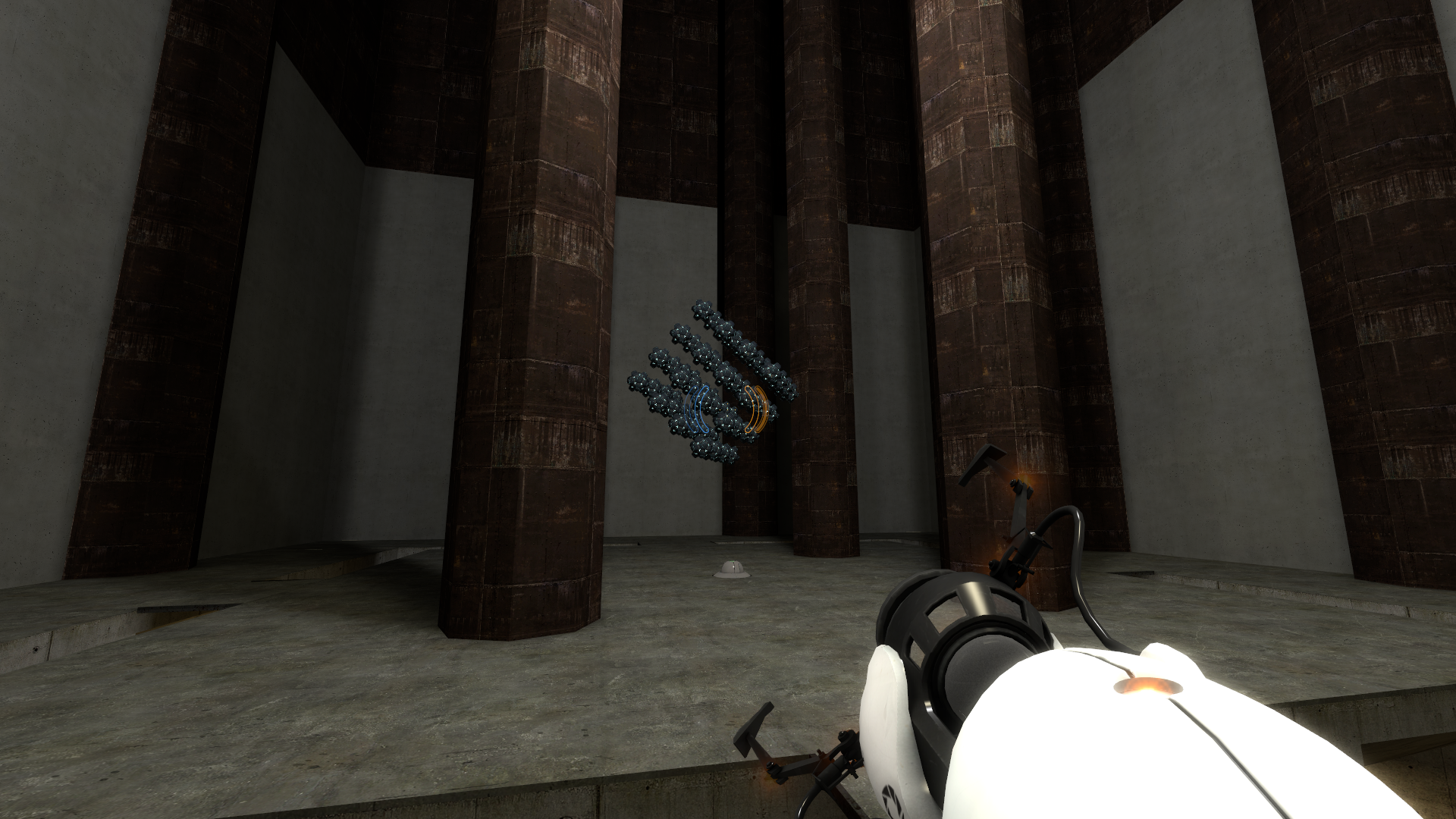 The turret section of Escape 02, featuring a placeholder GLaDOS design made out of a diamond of Half-Life 2 Rollermines. The turret section of Escape 02, featuring a placeholder GLaDOS design made out of a diamond of Half-Life 2 Rollermines.
