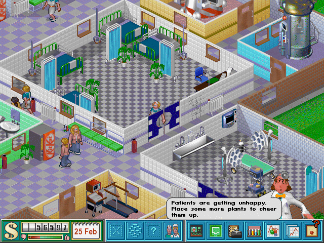 The Hire Staff button seems to be using what eventually became the Staff Management icon. The Staff Management button is using an entirely different graphic not in the final game. The fold-out screens are still present in the ward here. This suggests the change to have patients just get straight into bed without changing out of their clothes must have been made very late in development.