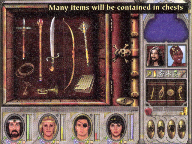 Computer Strategy plus 11/97. We can see a trumpet that in final release doesn't have equipment graphic (only graphic for adventure map) in the chest.