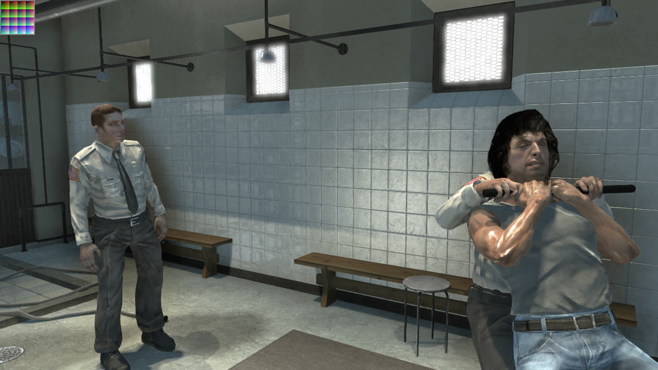 Level 2, at this point, Rambo has short hair in the final game.