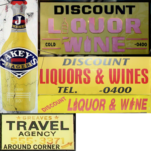Unused "Travel Agency" and both "Liquor & Wine" signs in Hove Beach.