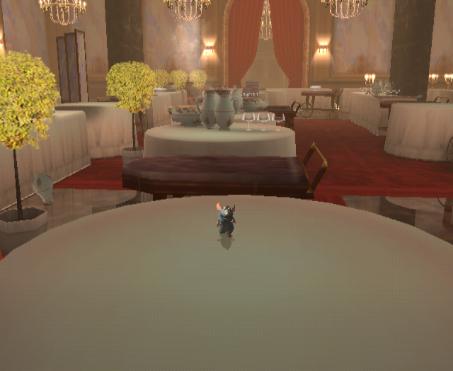 The final chase at the end of the game, being The Desserted Kitchen's "Was the Food That Bad?", features a final fourth section that sees Remy making one last mad dash down the center aisle of Gusteau's dining room as part of the game's grand finale.