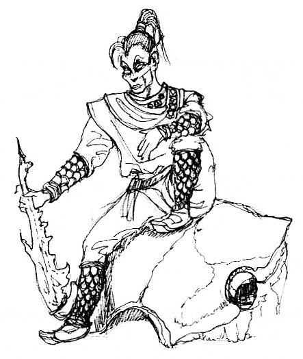 Dunmer Sitting on a Shell - A Dunmer man wielding a club while sitting on either a shell or insect carapace.