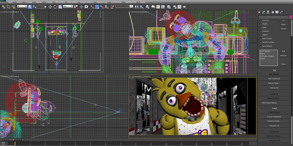 A behind-the-scenes image of one of Chica's jumpscare frames. Like the previous image, Freddy can be seen at the left hall, unseen by the player. A behind-the-scenes image of one of Chica's jumpscare frames. Like the previous image, Freddy can be seen at the left hall, unseen by the player.