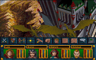 A couple of dragons flying over a tower in a scene that isn't present in the final game. Both this screenshot and the one below feature a different HUD.