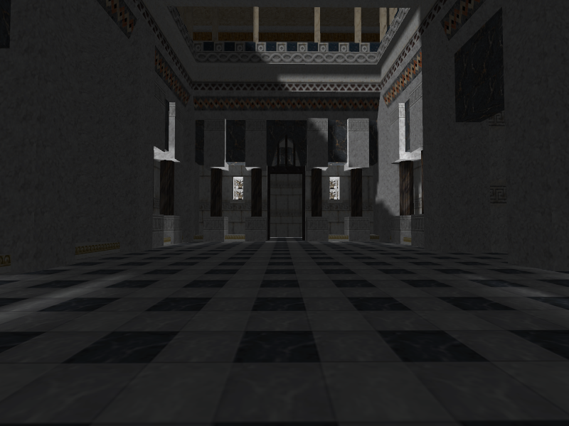 The main room in the staircase area, facing it from the closed door.