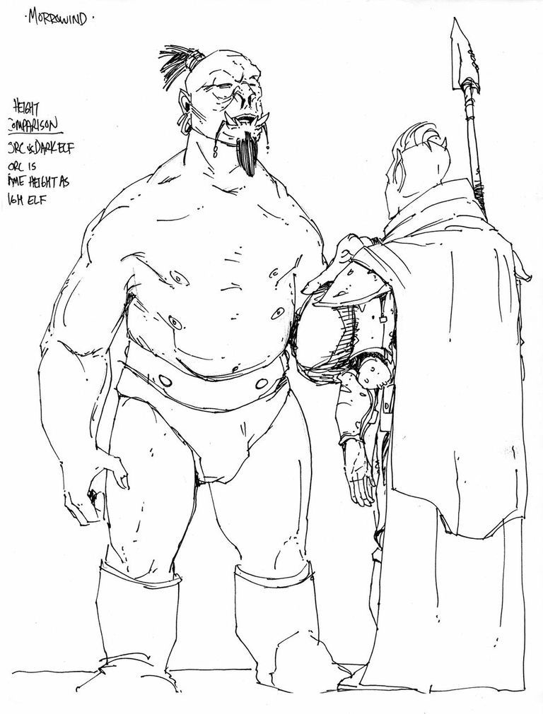 Orc Size comparison - Orcs were envisioned as substantially larger and taller than the final game depicted them.